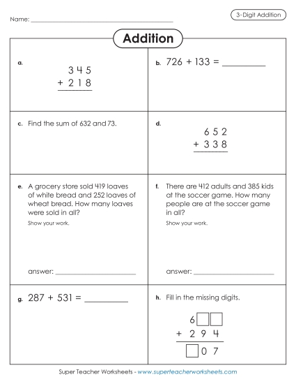Variety Worksheet: 3-Digit Addition