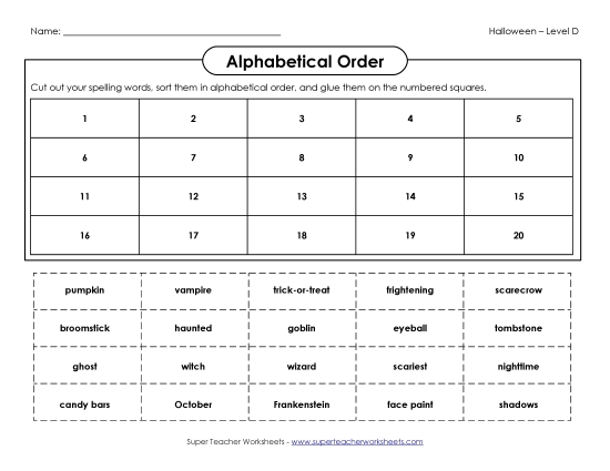 ABC Order: Cut and Glue (D-Halloween)  Spelling D Worksheet