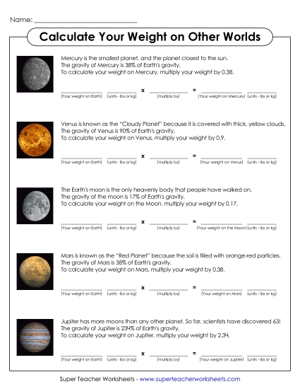 Calculate Your Weight on Other Planets Space Worksheet