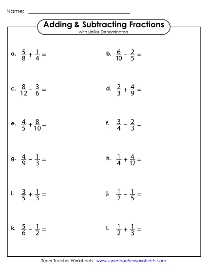 Adding and Subtracting Fractions w/ Unlike Denominators (Horizontal)