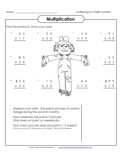 Multiplying by 2-Digit Numbers Fall Worksheet