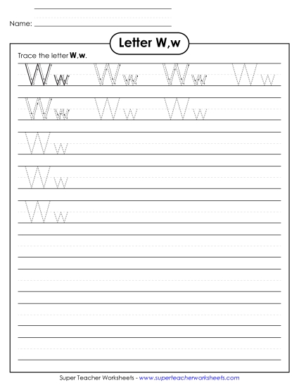 Letter W, w - Tracing (Smaller Font Size) Alphabet Worksheet