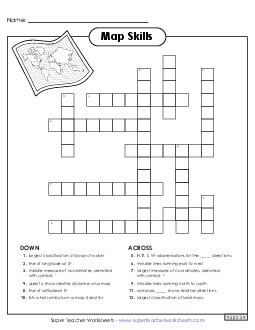 Map Skills Crossword 3rd Grade Social Studies Worksheet