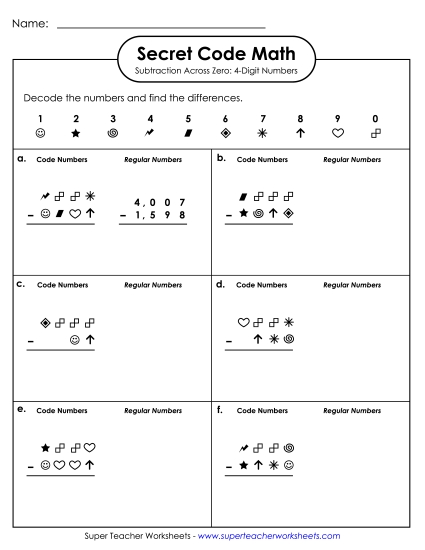 Secret Code Math:<br>4-Digit Subtraction Across Zero