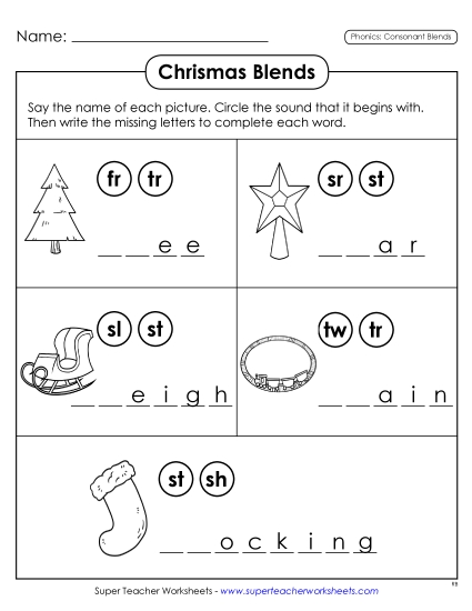 Christmas Phonics Blends Worksheet