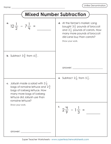 Variety Worksheet: Mixed Number Subtraction (Unlike Denominators)