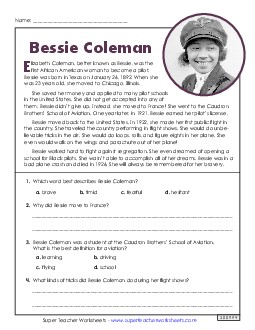 Short Biographical Passage: Bessie Coleman 4th Grade Reading Comprehension ELA Worksheet
