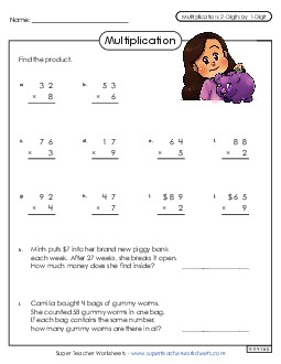 Multiplying 2-Digit and1-Digit Numbers 3rd Grade Math Worksheet