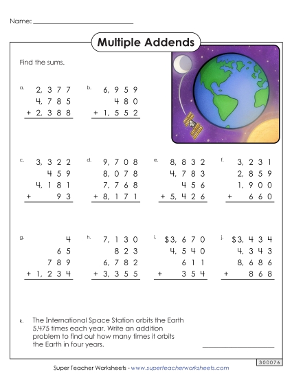 Column Addition:<br>4 Digits, 4 Addends