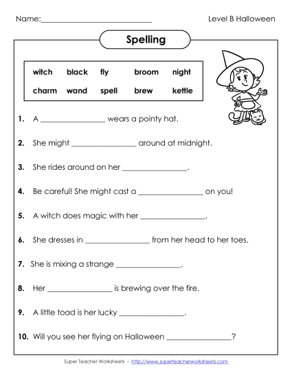 Sentence Completion (Level B: Halloween)  Spelling B Worksheet
