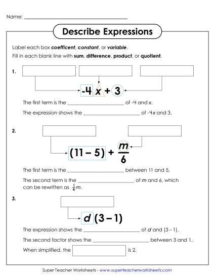 New Label & Identify Parts of Expressions Worksheet
