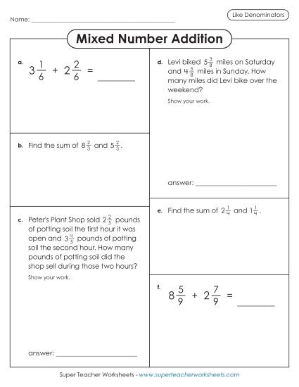 Variety Worksheet: Mixed Number Addition (Like Denominators)