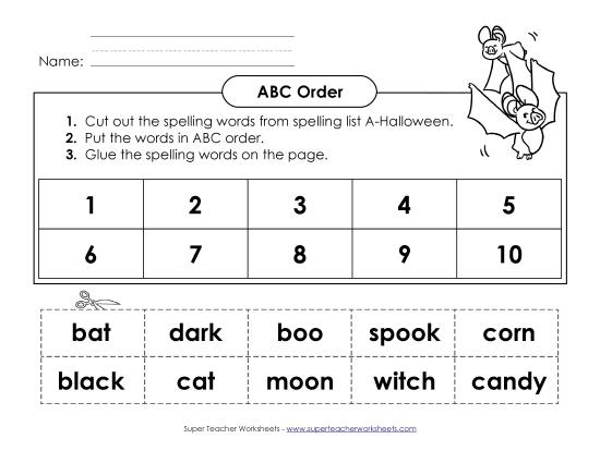 ABC Order: Cut and Glue (A-Halloween)  Spelling A Worksheet