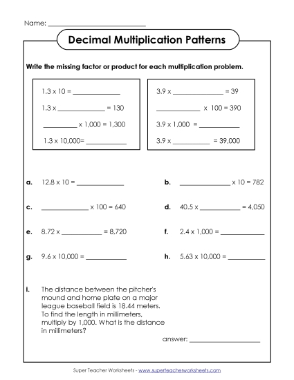 Decimal Multiplication Patterns (Missing Numbers)