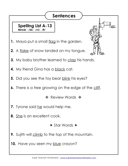Spelling Test Sentences (A-13)