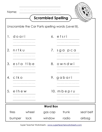 Scrambled Spelling Words (B-Car Parts) 