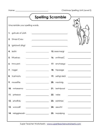 Word Scramble Spelling E Worksheet