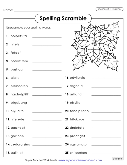 Word Scramble (Christmas) Spelling F Worksheet