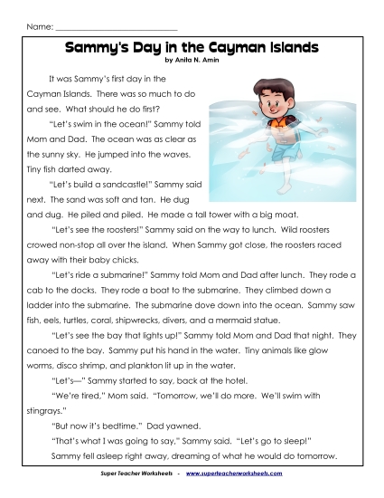 Sammy\'s Day in the Cayman Islands 2nd Grade Reading Comprehension Worksheet
