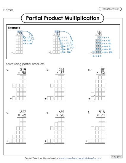 Partial Products Multiplication: 3-Digit by 2-Digit