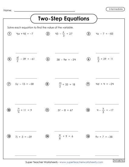 Two-Step Equations Worksheet 2 (Intermediate)