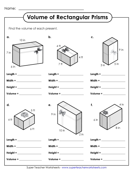 Volume of Gift Boxes (Volume of Rectangular Prisms) Worksheet
