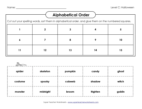 ABC Order: Cut and Glue (C-Halloween)  Spelling C Worksheet