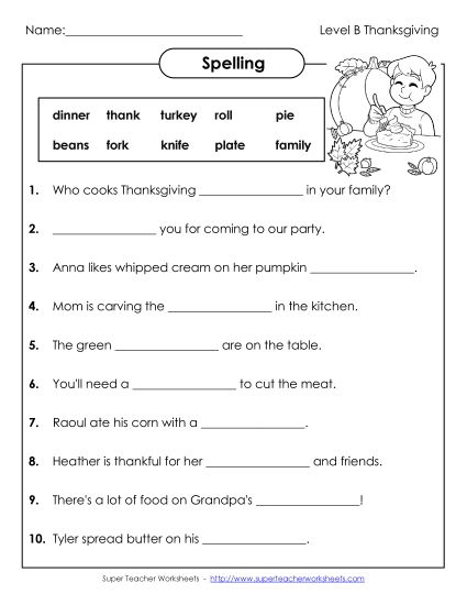 Sentence Completion (B-Thanksgiving) Spelling B Worksheet