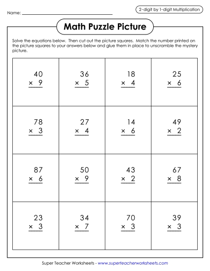 2-Digit by 1-Digit Multiplication: Match Puzzle Picture (Fireplace Scene) Christmas Worksheet