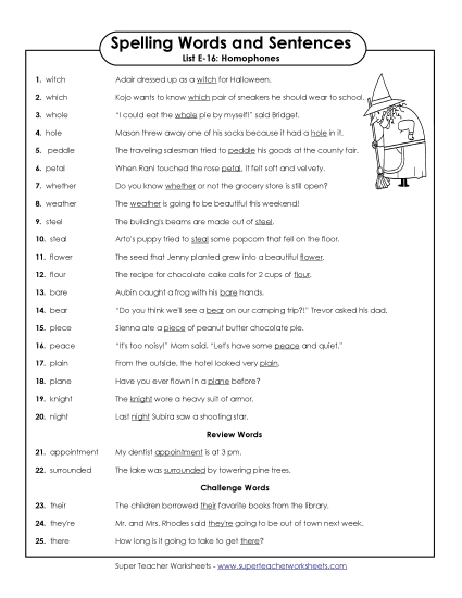 Spelling Test Sentences (E-16)