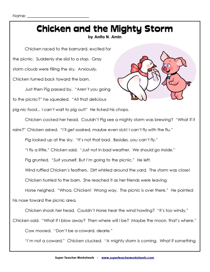 Chicken and the Mighty Storm 2nd Grade Reading Comprehension Worksheet