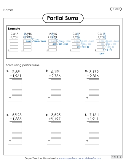 New 4-Digit Partial Sums Addition (with Example) Spanish Worksheet New 4-Digit Partial Sums Addition (with Example) Spanish Worksheet