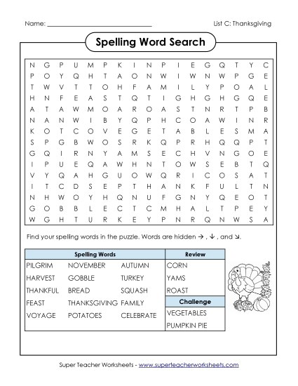 Word Search (C-Thanksgiving)  Spelling C Worksheet