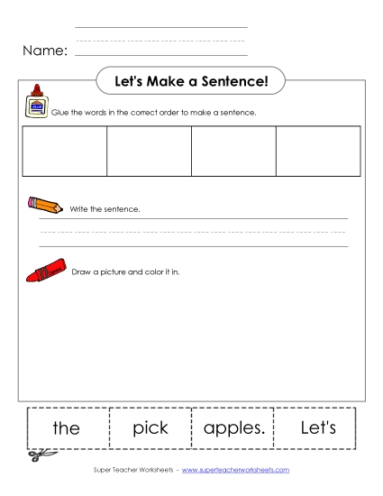 Build-a-Sentence: Let\'s pick the apples. Free Sentences Basic Worksheet