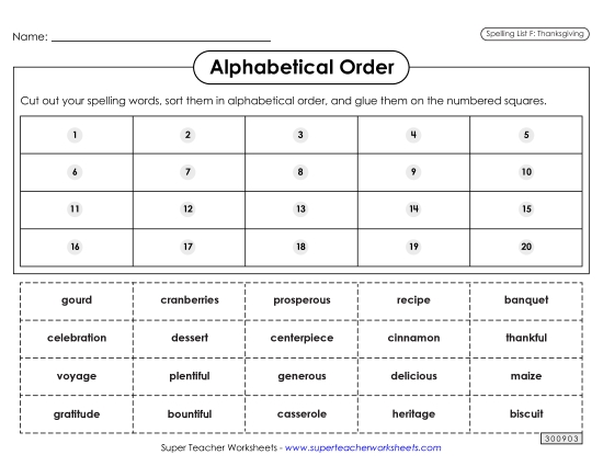 Alphabetical Order: Cut-Glue (Thanksgiving) Spelling F Worksheet