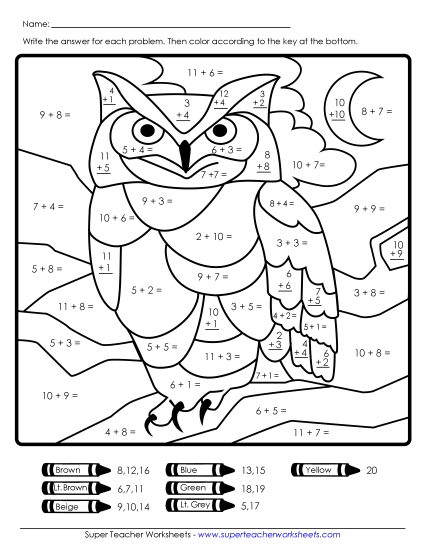 Addition Owl Mystery Picture