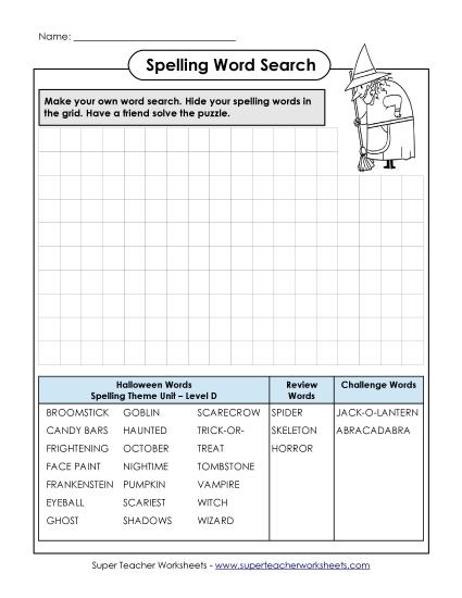 Make Your Own Word Search (D-Halloween)  Spelling D Worksheet
