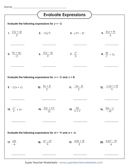 Evaluate Algebraic Expressions (Advanced)<br>Worksheet 1