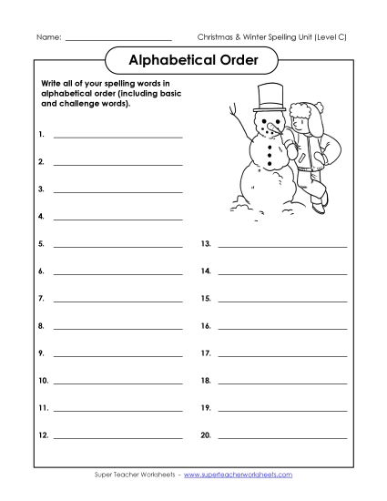 ABC Order: Write List (C-Christmas)  Spelling C Worksheet