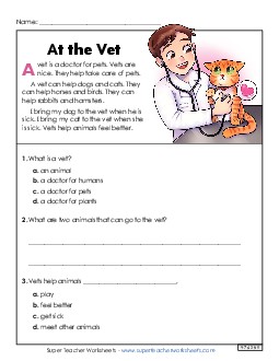 At the Vet (Short Nonfiction) Free 1st Grade Reading Comprehension ELA Worksheet