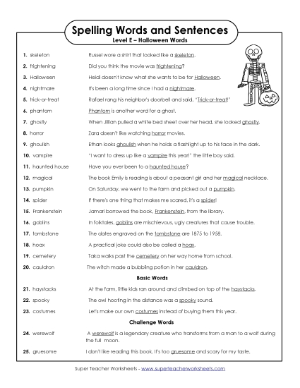 Spelling Test Sentences Spelling E Worksheet