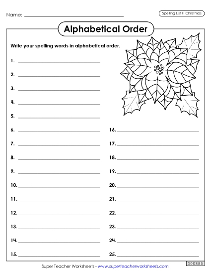 Alphabetical Order: Whole List (Christmas) Spelling F Worksheet
