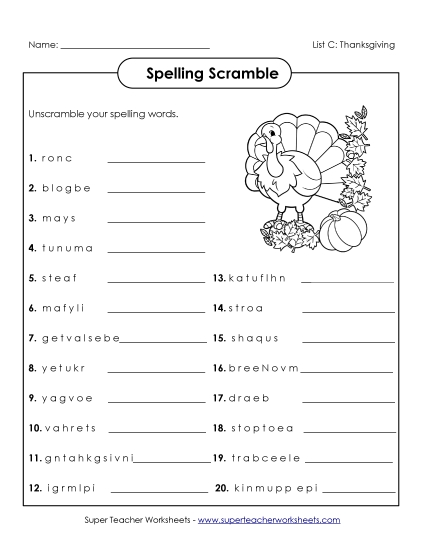 Spelling Scramble (C-Thanksgiving)  Spelling C Worksheet