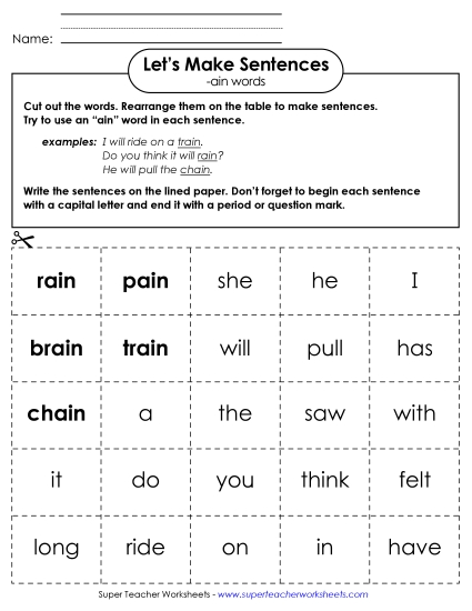 Make Sentences: Word Cards (-ain)