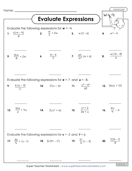 Evaluate Algebraic Expressions (Advanced)<br>Worksheet 2