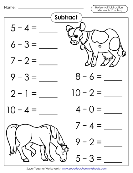 Basic Subtraction Facts: Animals<br>(Horizontal)