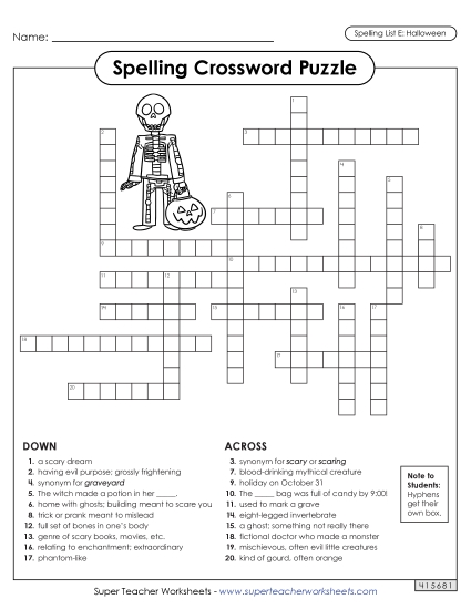 Halloween Spelling Crossword Spelling E Worksheet