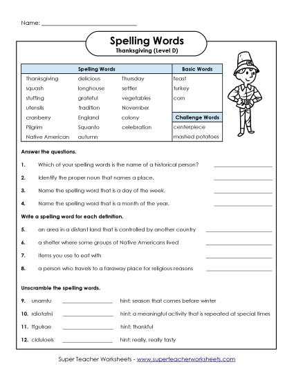 Questions Worksheet (D-Thanksgiving) Spelling D Worksheet