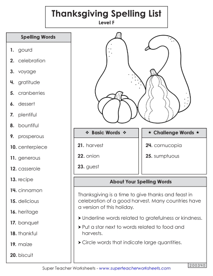 Spelling Word List (Thanksgiving) Spelling F Worksheet