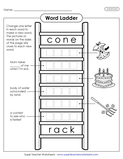 New Advanced Word Ladder: Cone to Rack Worksheet